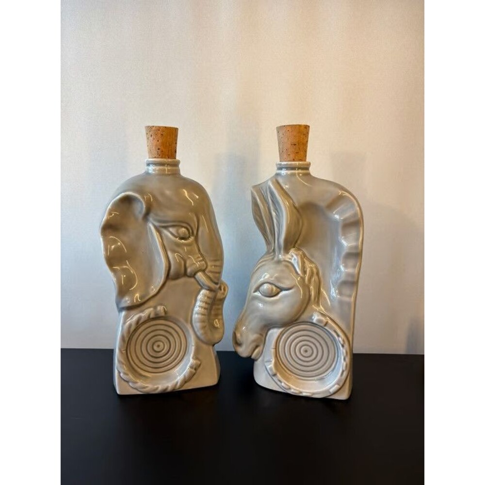 Elephant Donkey Ceramic Decanter Pair Political Republican Democrat Cork Bottles